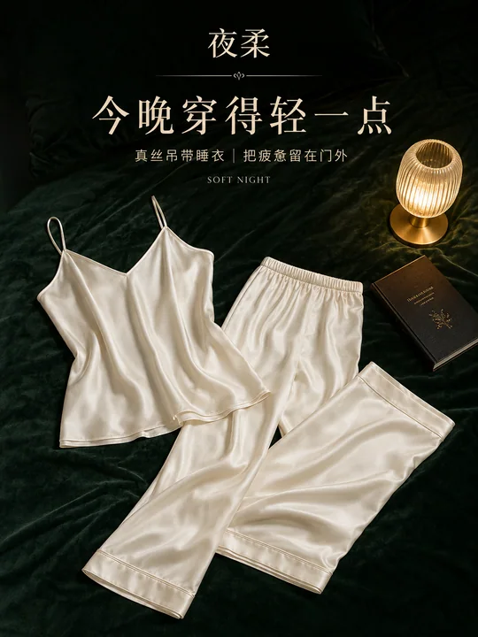 极简奢华珍珠白真丝睡衣家居海报