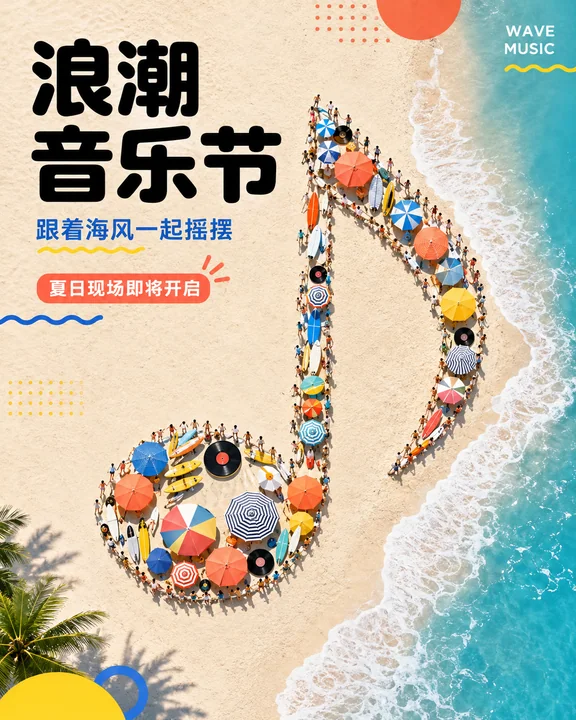 浪潮音乐节沙滩音符创意海报设计