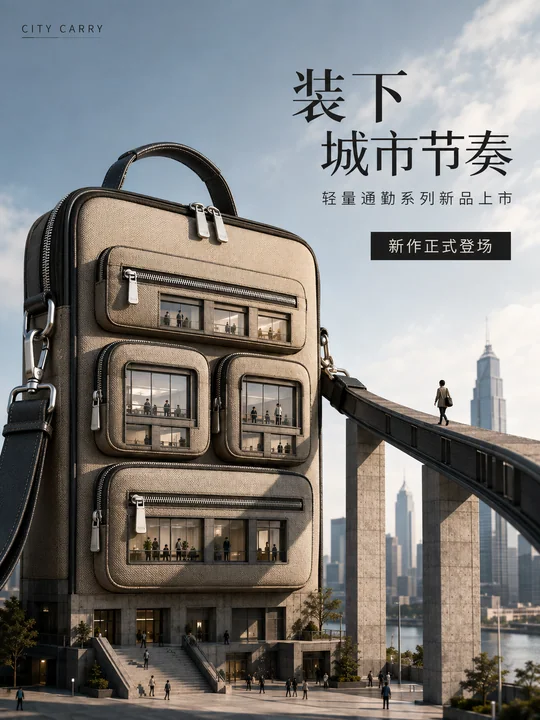 城市建筑美学通勤包新品上市创意海报