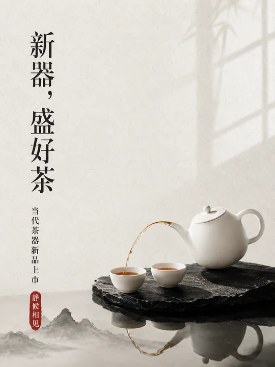 极简新中式白瓷茶具新品上市海报