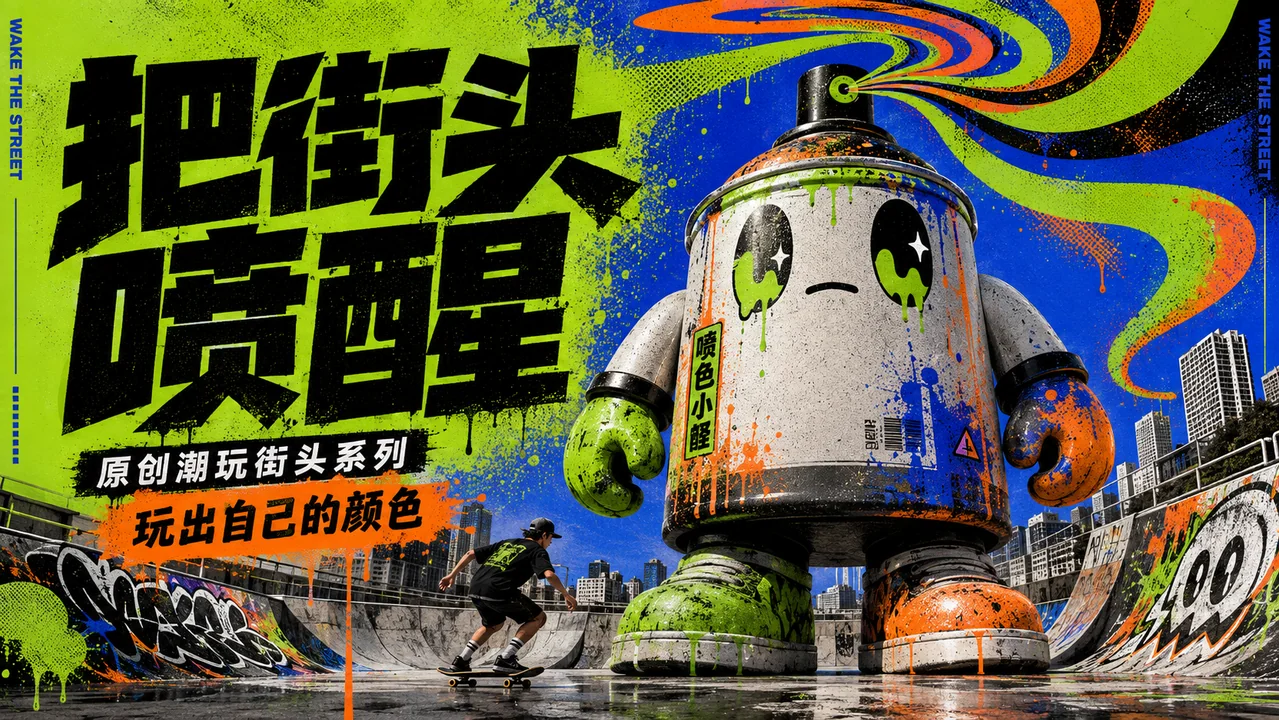 巨型喷色小怪街头潮玩海报设计