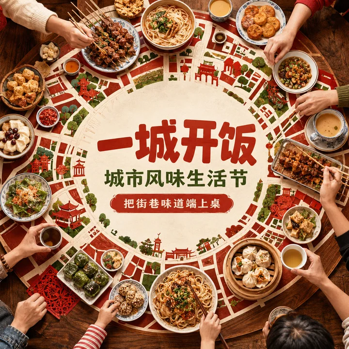烟火气里的城市盛宴：一城开饭海报