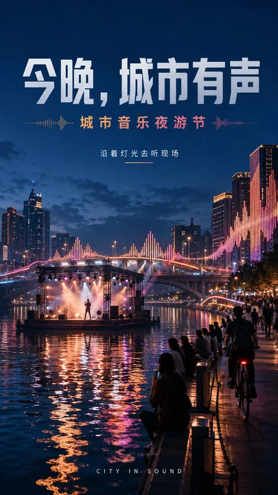 城市音乐夜游节:声波流动的蓝调水岸海报