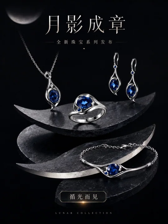 月影成章：深蓝宝石流线型极简奢华发布海报