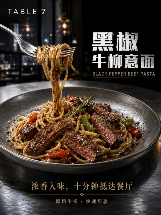 高级西式黑椒牛柳意面商业海报