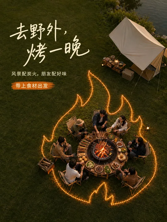 湖畔草地上的创意火焰构图露营烧烤海报