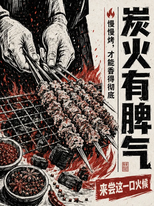 炭火有脾气：匠心木刻风格烧烤海报