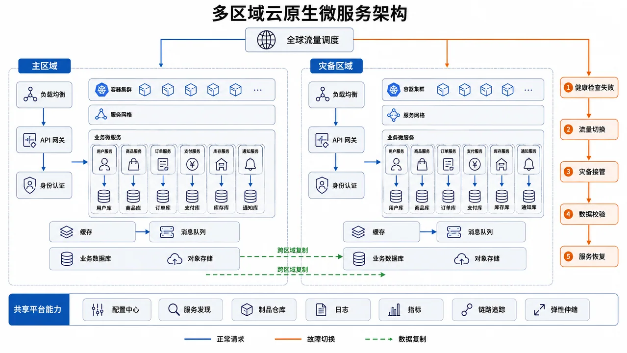 高可用多区域云原生微服务架构全景图