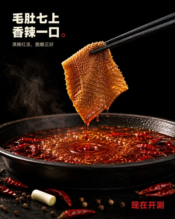 极简黑域沸腾红汤毛肚特写海报