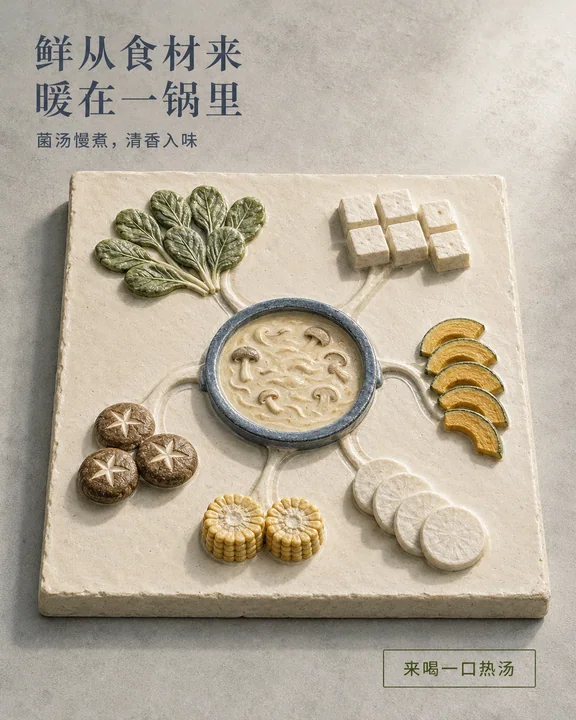 手工陶土浮雕菌汤火锅创意海报