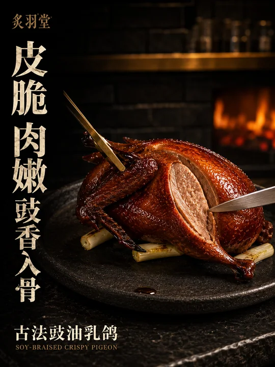 炙羽堂古法豉油乳鸽深夜出餐口特写