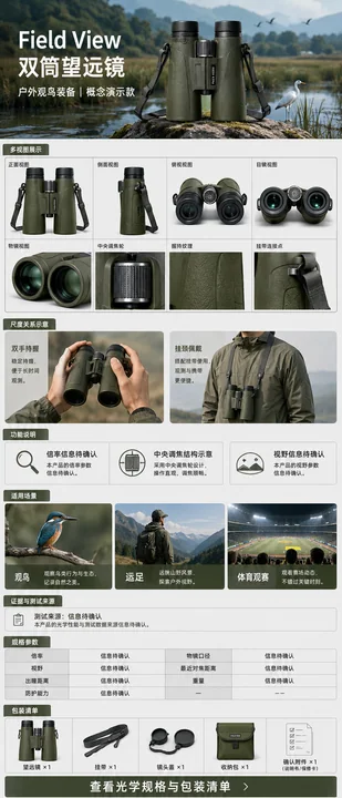 户外深橄榄绿观鸟望远镜电商详情页设计