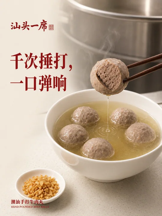 潮汕手打牛肉丸匠心美食海报