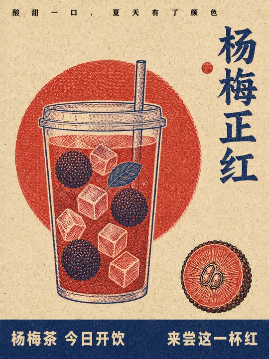 复古孔版印刷三色杨梅茶夏日海报