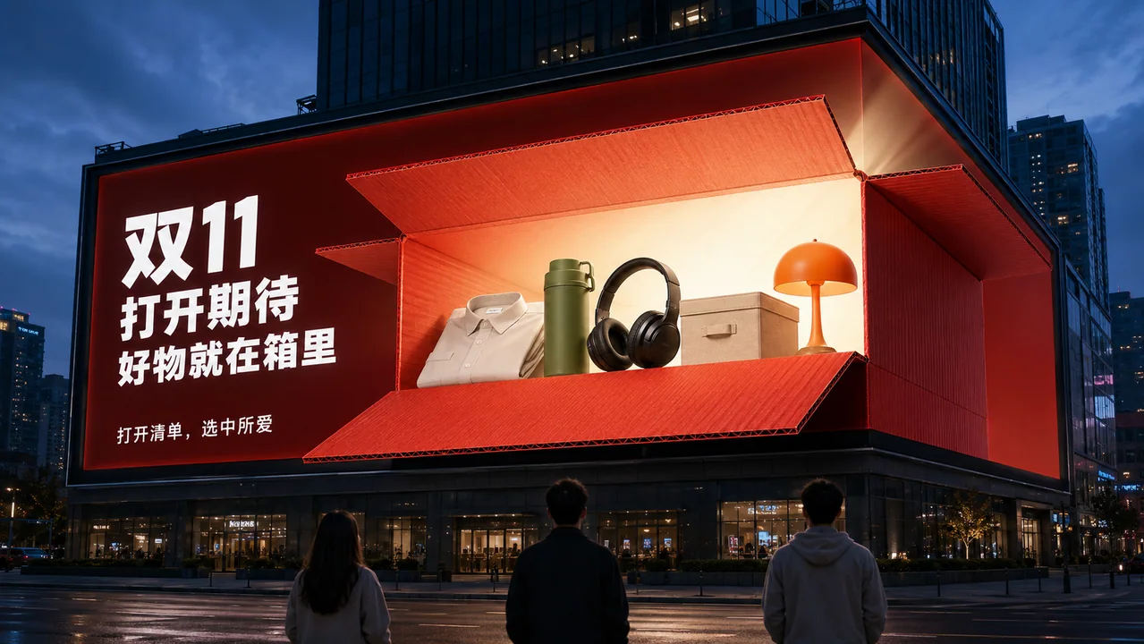 城市巨幕震撼来袭:双11红盒破屏瞬间