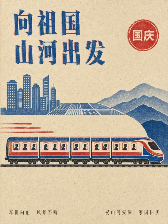 三色孔版印刷下的山河列车复古国庆海报