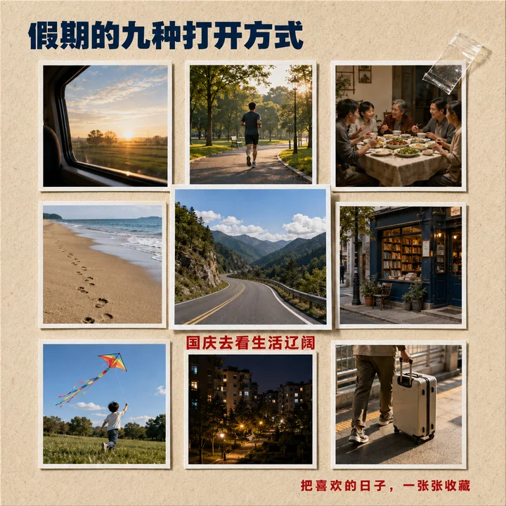 国庆假期生活碎片九宫格拼贴海报