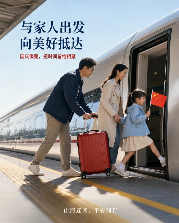国庆佳节全家出游温馨商业海报