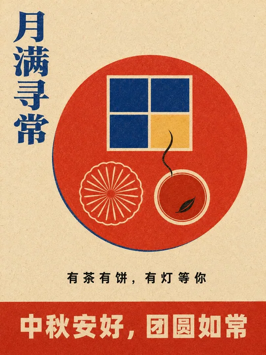 三色孔版几何重构中秋海报