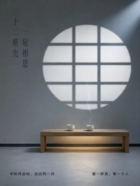 月影格窗:中秋极简主义室内美学海报