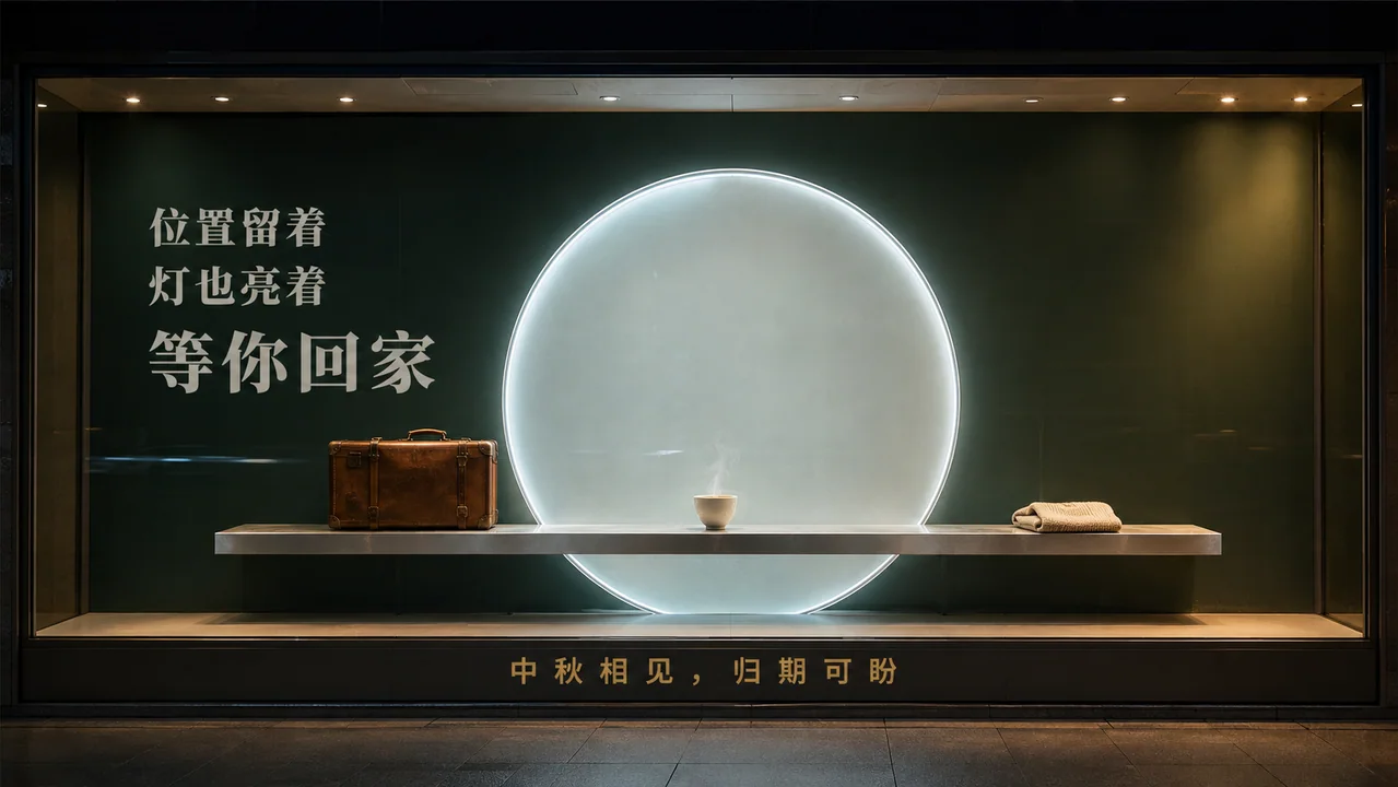 墨绿光影中秋归家温情橱窗海报