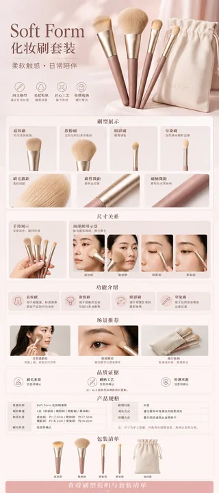 柔雅之境:Soft Form 雾粉金妆刷详情页设计