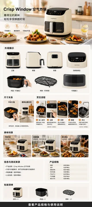 奶油白可视空气炸锅电商详情页设计
