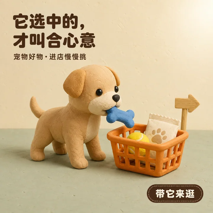 软萌黏土小狗宠物店橱窗海报设计