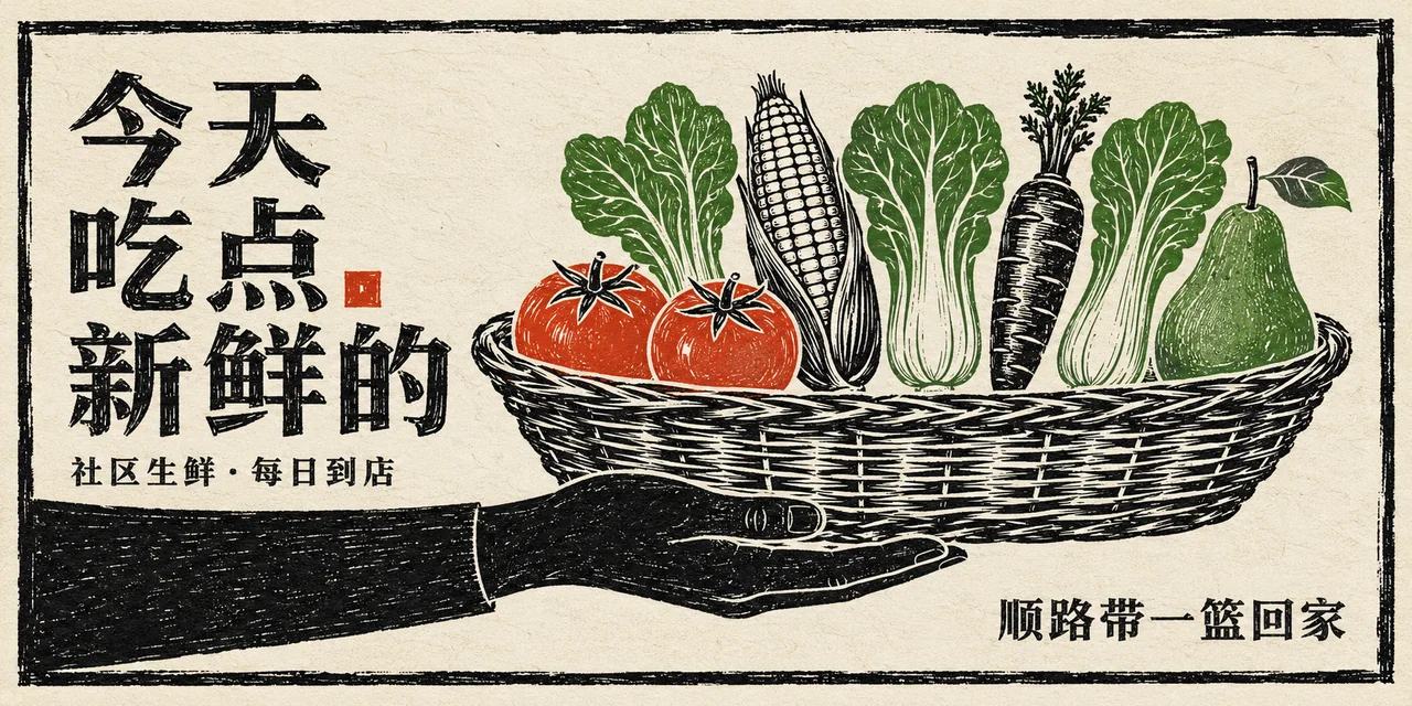 现代木刻版画风格社区生鲜灯箱设计
