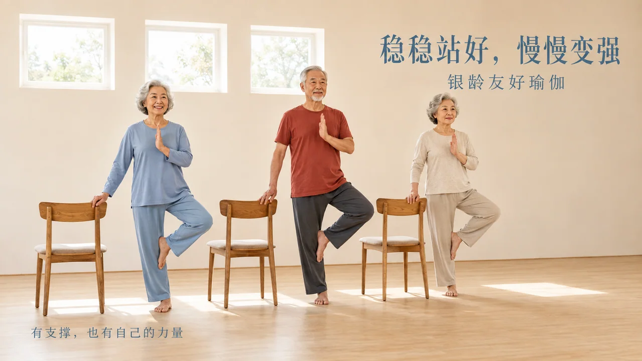 银龄瑜伽海报：稳稳站好慢慢变强