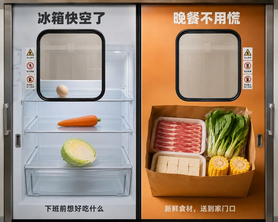 地铁双开门生鲜配送冷暖对比创意广告