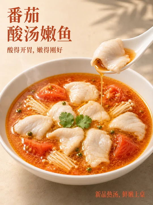 番茄酸汤嫩鱼现代川菜新品海报