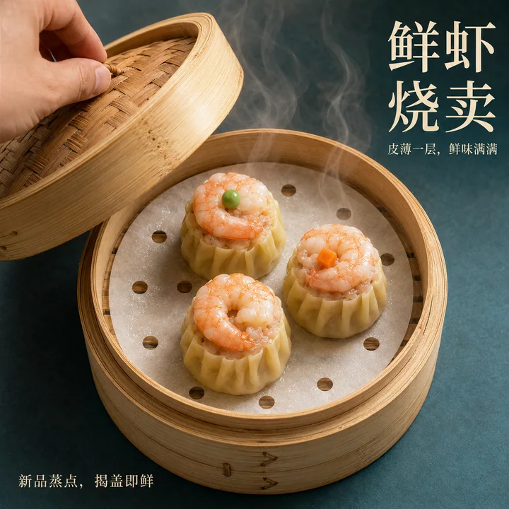 晶莹鲜虾烧卖新品海报揭盖瞬间