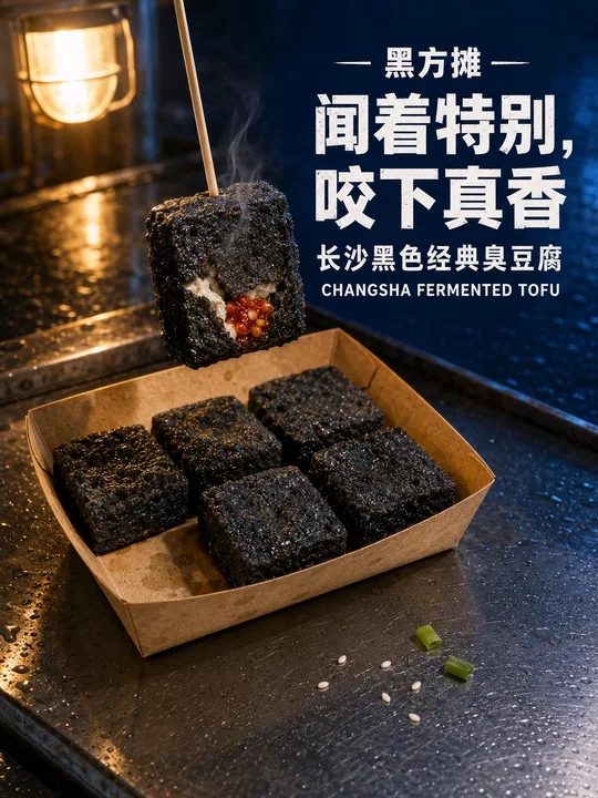 雨后夜市的长沙黑色经典臭豆腐海报