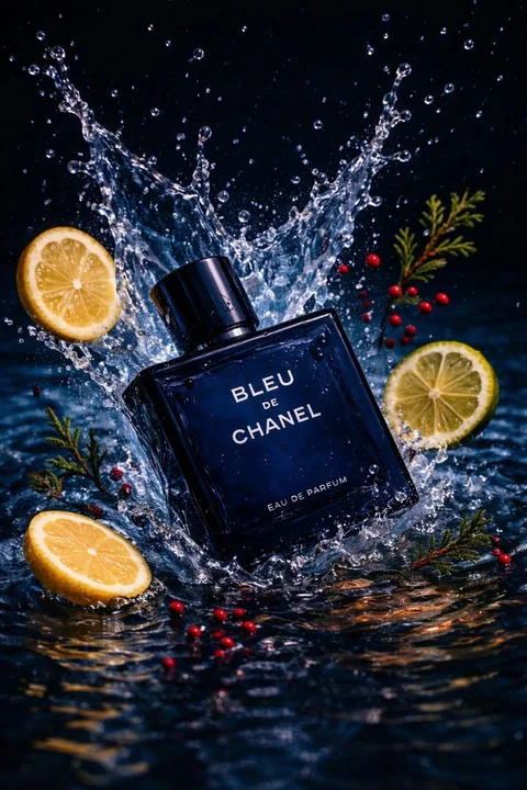 Publicité pour parfum luxueux : voile d'eau bleue