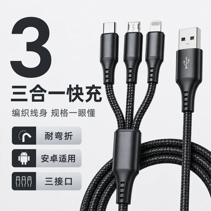 曜石黑三合一耐弯折编织快充线主图