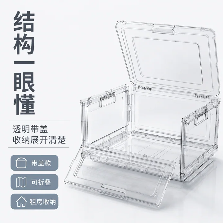 透明带盖折叠收纳箱结构展示主图