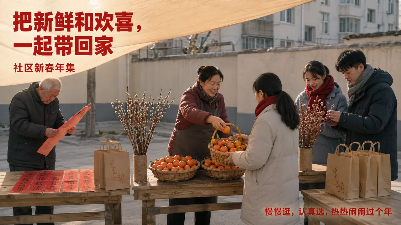 冬日暖阳下社区年集的温馨烟火气