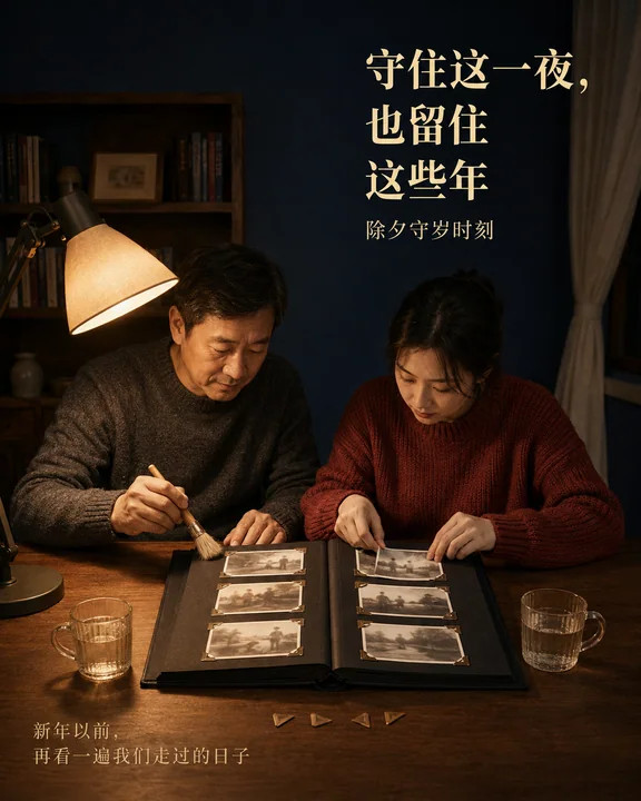 父女共修旧相册温馨除夕守岁