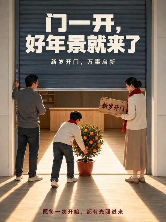 晨光微露新岁开门全家福海报