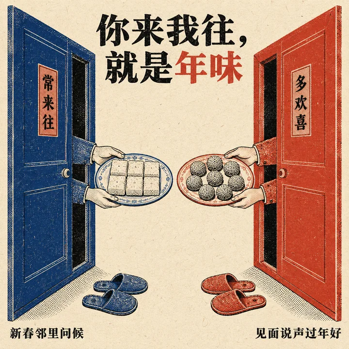 孔版印刷风邻里温情互送点心海报
