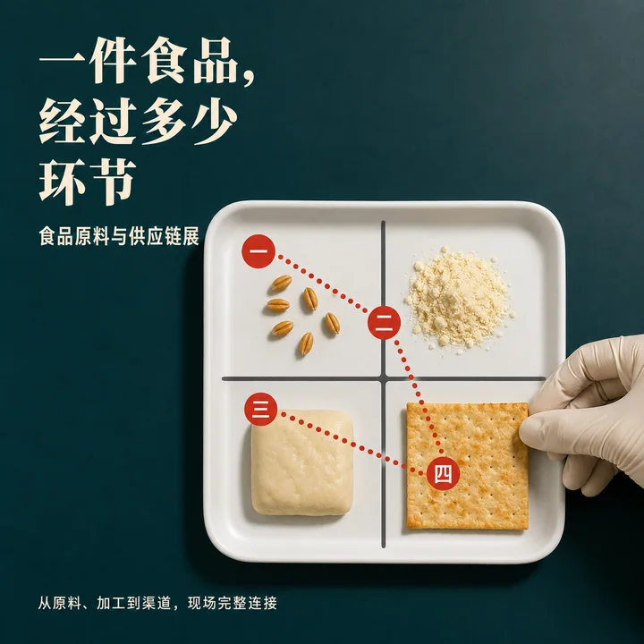 工业级极简风食品供应链全流程纪实海报