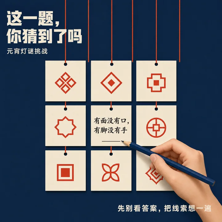 极简几何风靛蓝朱红元宵猜灯谜海报