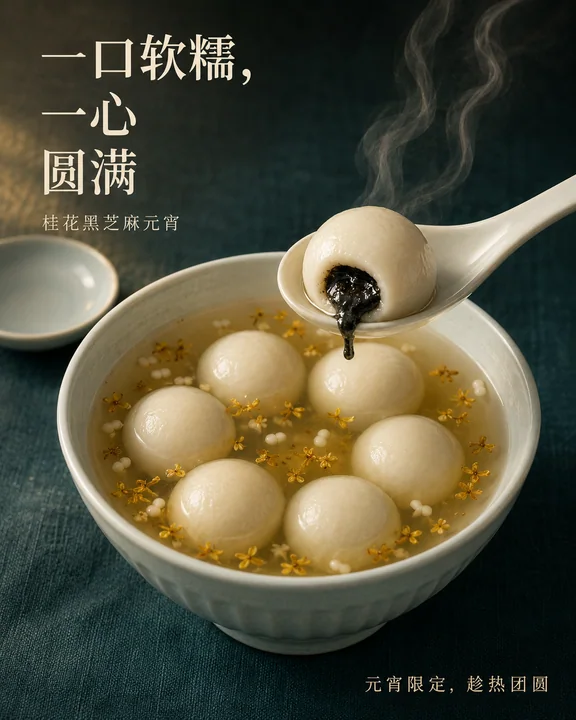 桂花浮玉黑芝麻元宵中式美学海报