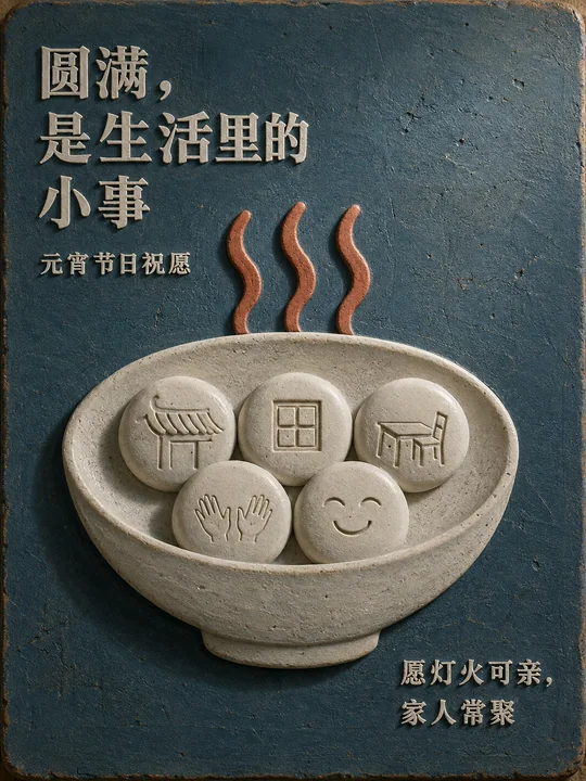 手工陶泥浮雕元宵节圆满生活海报