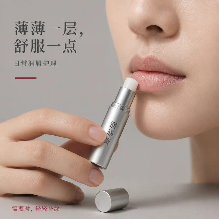 极简主义莓红点缀唇部护理微距海报