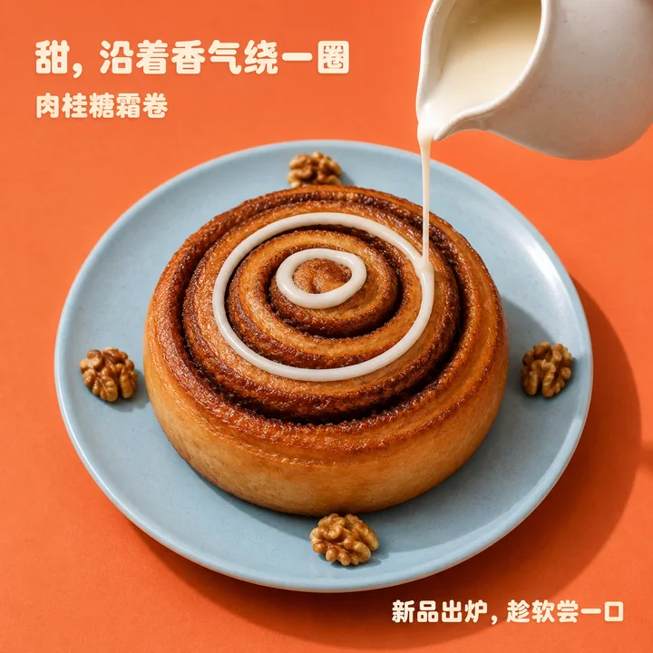 珊瑚橘色调肉桂卷烘焙新品海报