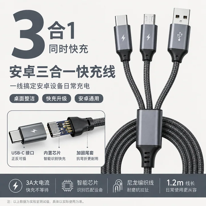 极简硬核三合一快充数据线天猫搜索主图