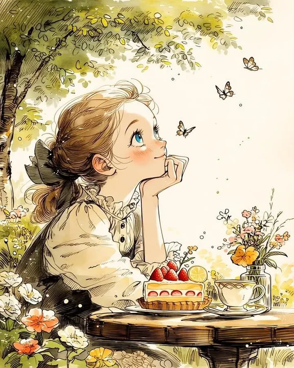 欧式复古绘本风森林茶会少女水彩插画