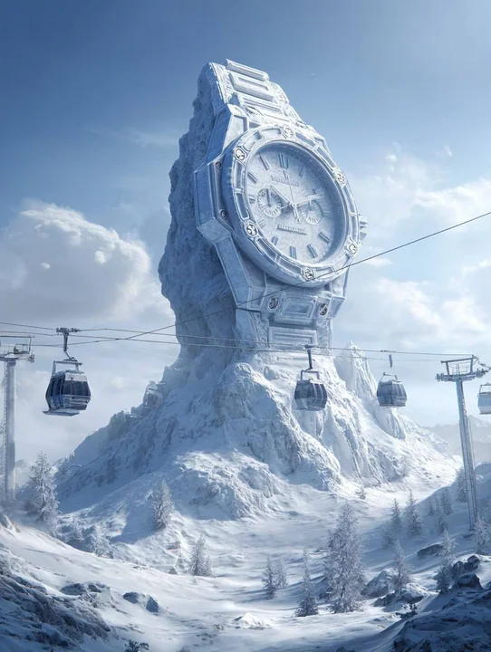 巨型山峰造型冰雪建筑与滑雪缆车